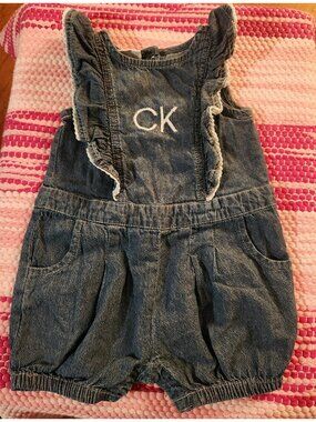Calvin Klein Baby Girl Chambray Ruffle Trim Romper 12 Months